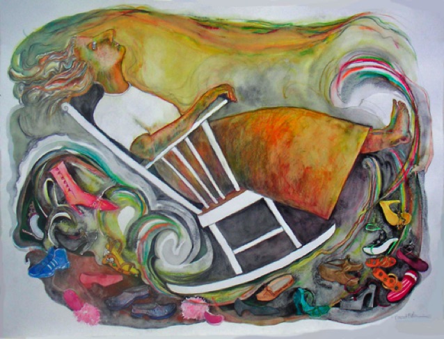 Act Your Age     38"x 48"
The bare-footed woman rocks among a pile of dancing shoes.